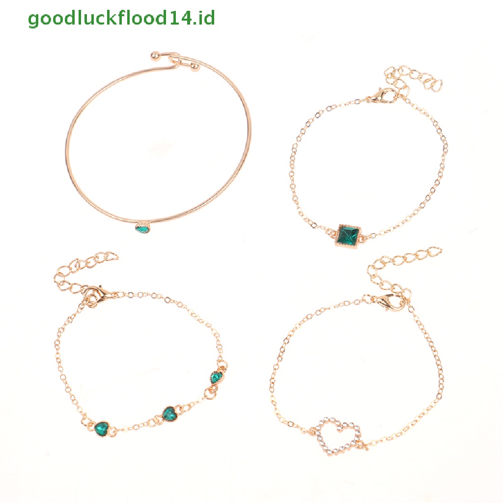 [GOOGFOUR] 4pcs/set Tergabung Batu Permata Hijau Gelang Set Perhiasan Untuk Wanita Gadis Jantung Gelang Pernikahan Pertunangan Gelang Fashion Pesta Perhiasan Hadiah [TOP]