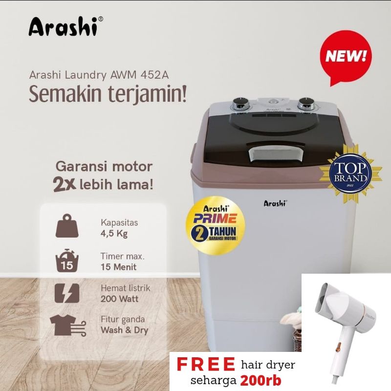 mesin cuci portable ARASHI AWM 452A - 451A - 4.5 liter - mesin kuat - garansi 2 tahun