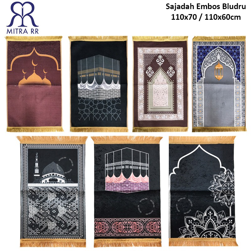 Sajadah Embos Premium Bludru Velvet Rumbai | Sajadah Arizona Jabal Qubais Besar Motif 110x70cm Hitam