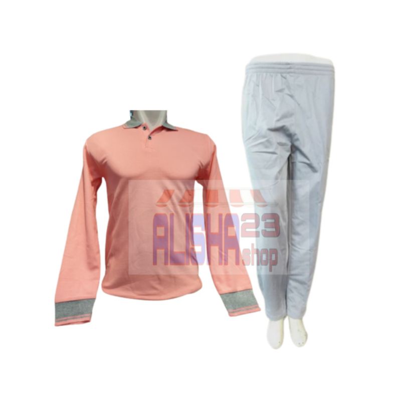 setelan baju kerah salem abu lengan panjang/ stelan kaos lengan panjang olahraga/ set trening olahra