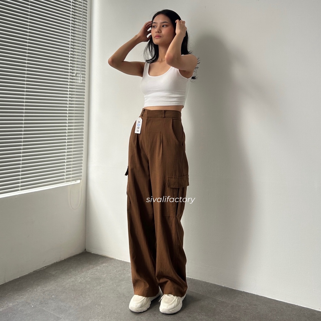 SIVALI Willow Cargo Pants - Celana Kargo Ukuran Petite Linen Crinkle Highwaist - Baggy Cullote Pants