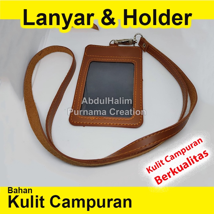 name tag id card holder &amp; lanyard set Kulit Coklat idcard 4 Slot