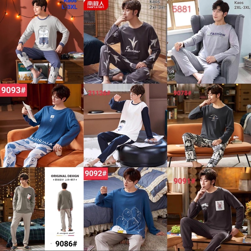 BAJU TIDUR PIYAMA PRIA PP KAOS TEBAL HALUS IMPORT BERKUALITAS LENGAN PANJANG SETELAN CELANA PANANG MOTIF SALUR PUTIH HITAM TERBARU SIZE L-XXXL FIT TO 85KG