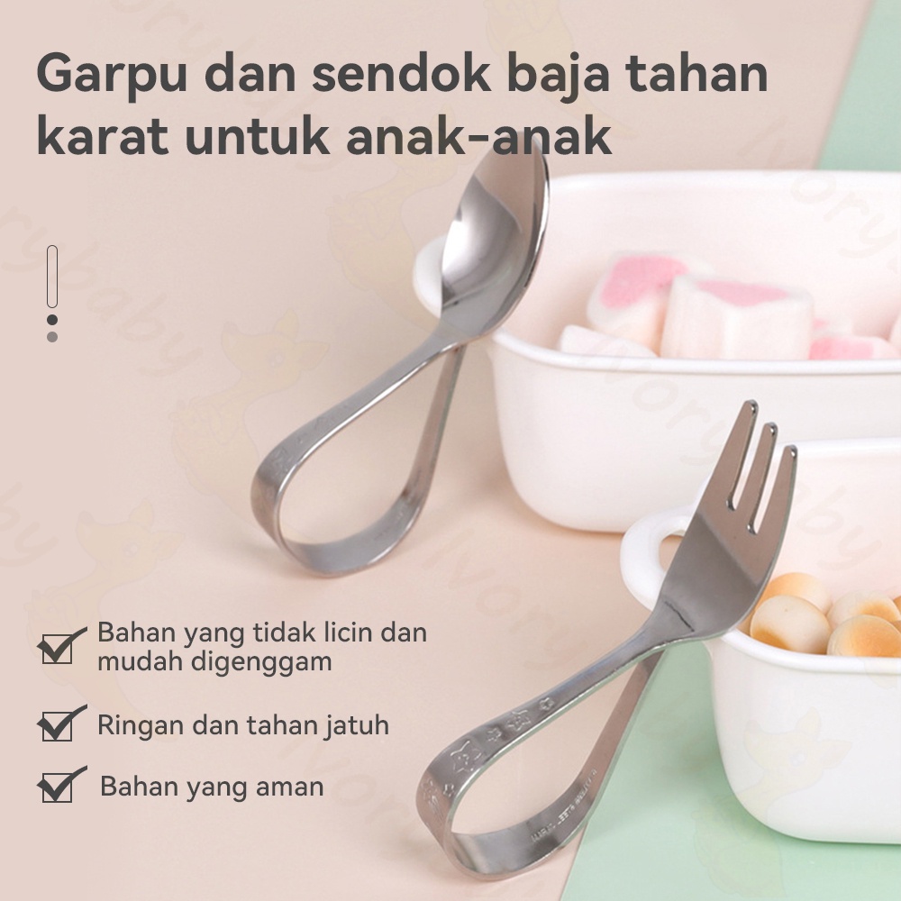 Ivorybaby Sendok makan bayi anak belajar Sendok garpu sudu bahan stainless steel gaya jepang