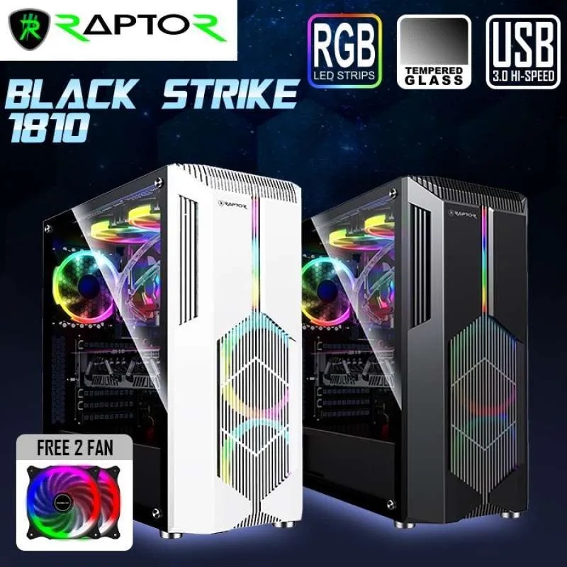 Casing Gaming Raptor 1810 White With LED Strip RGB + 2 Fan RGB