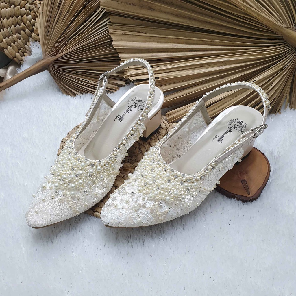 sepatu wedding pesta payet cantik Kirania broken white hak 5cm tahu