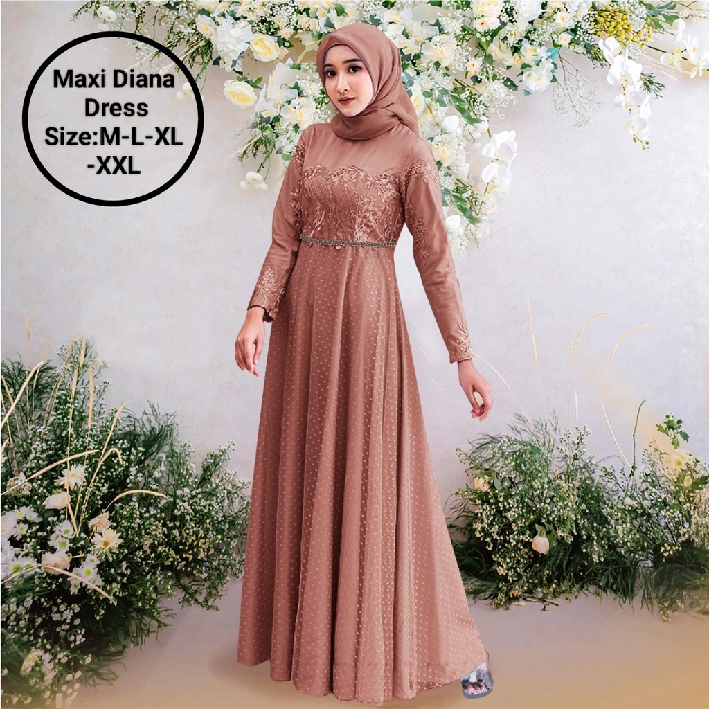 Pakaian Gamis Wanita Busui Model Terbaru Kekinian/Maxi Diana Dress 4 Size M-L-XL-XXL Matt Moscrepe Mix Brokat Mutiara Dan Tille Onde/Dress Kondangan/Dress Elegant