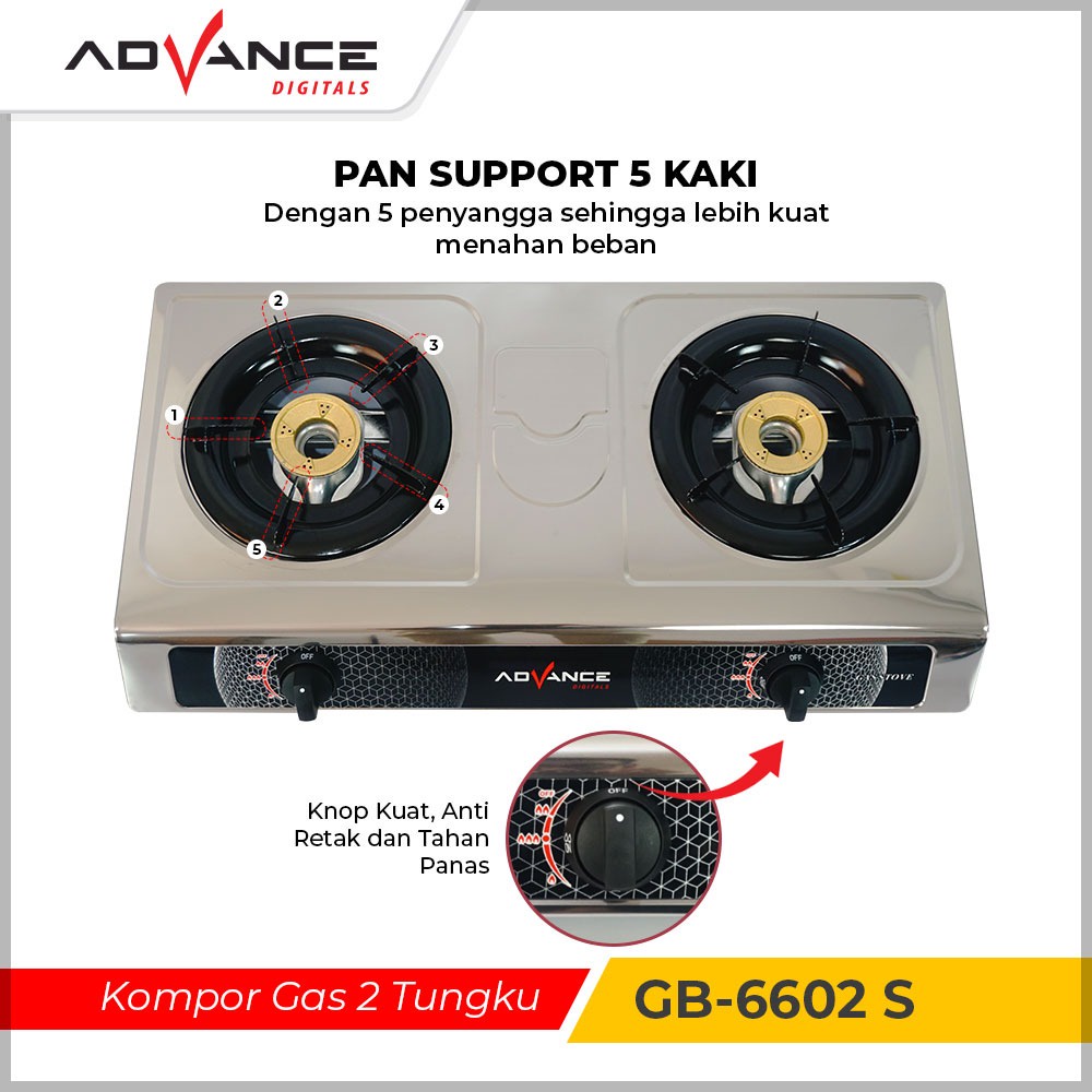 KOMPOR GAS ADVANCE GB-6602 S KOMPOR GAS 2 TUNGKU / KOMPOR 2 TUNGKU / KOMPOR 2 TUNGKU MURAH / KOMPOR GAS 2 TUNGKU MURAH | Kompor Gas 2 Tungku Body Stainless Steel 410 Tahan Karat ADVANCE GB-6602S | FMS