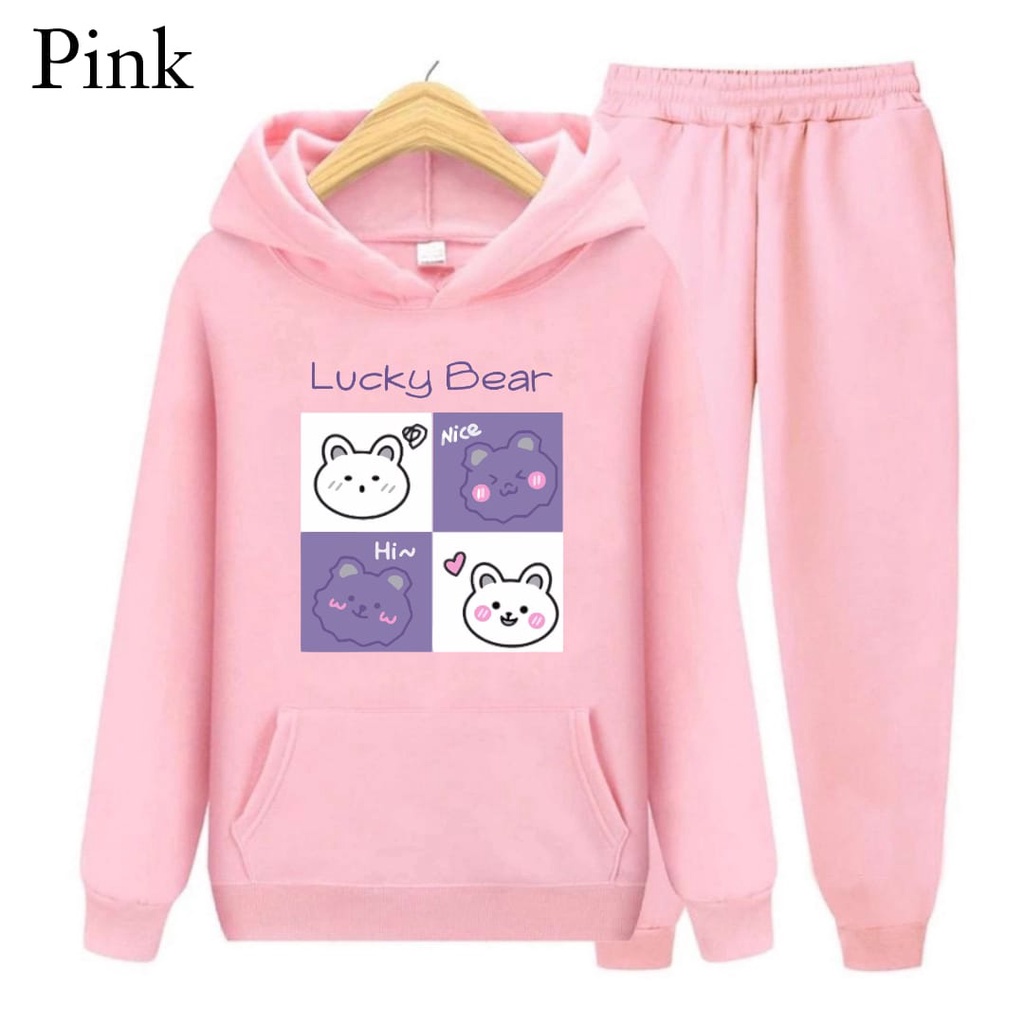 Hzl_outfit SETELAN HOODIE SWEATER LUCKY BEAR ANAK S.M.XL