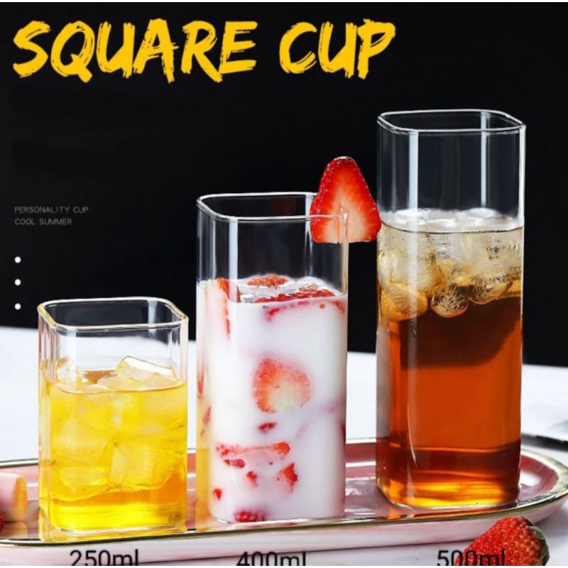 Gelas kotak gelas persegi square cup gelas kaca keren gelas kaca korea gelas kaca kekinian