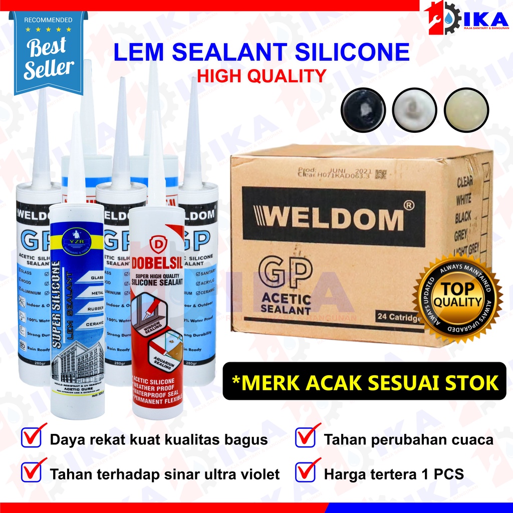 Silicone Sealant Lem Kaca Perekat Asam - Weldom / LEM Silicone Sealent Kaca Acetic Silen White, Black, Clear