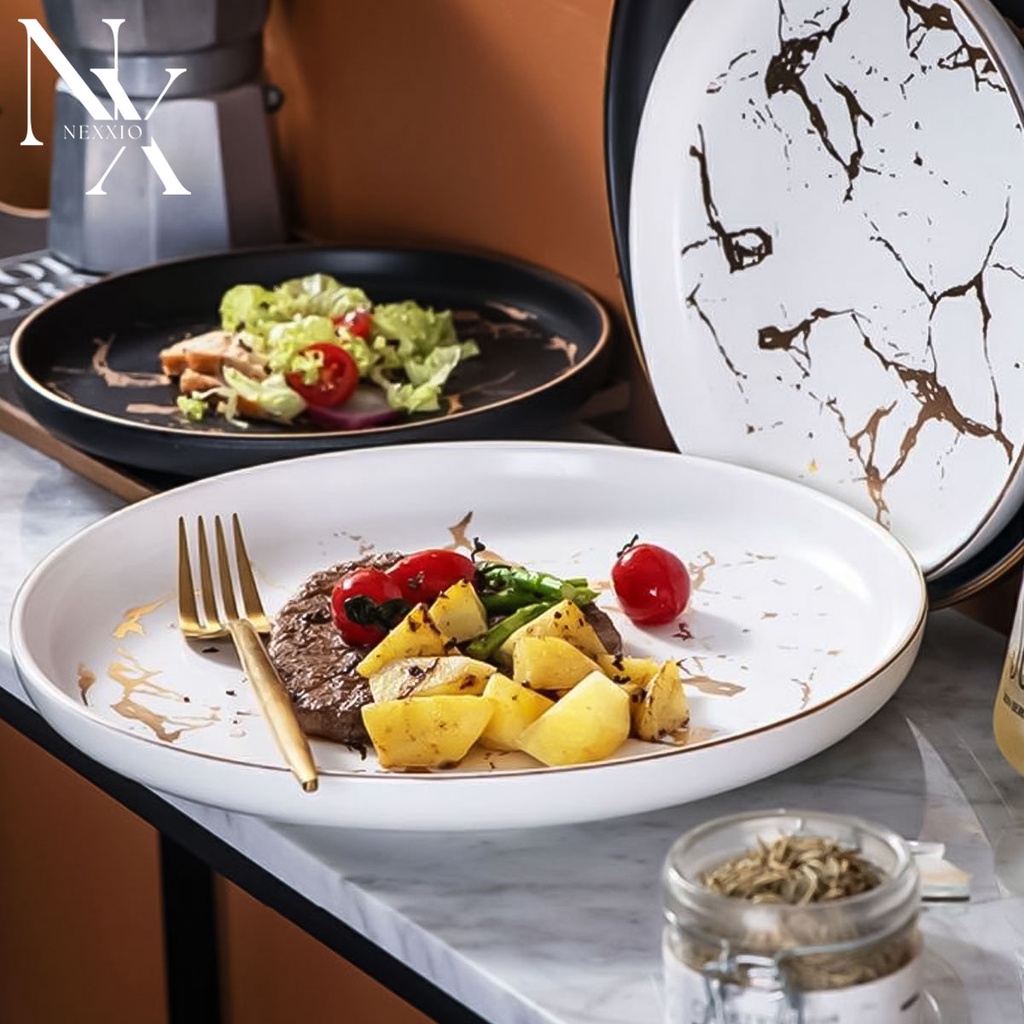 NEXXIO Crackle Plate Nordic Ins - Piring Makan Motif Marmer Hitam Putih Gold - Piring Makan Keramik Marble Gold Hitam Doff Dan Putih Doff