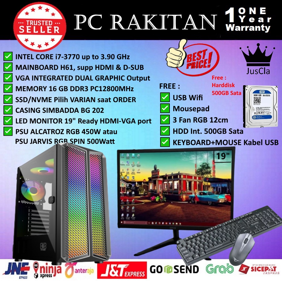 MONITOR 19&quot; + PC KOMPUTER FULLSET INTEL CORE i7-3770 3,6GHz 4Cores|RAM 16GB|SSD NVME 512GB|HDD 500GB SATA|KEY+MOUSE|WiFi, Komputer Rakitan, PC Admin/Office Baru Bergaransi 1 Tahun