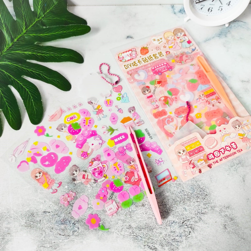PAKET STICKER DAN PINSET HAPPY FRUITY PARK KODE SZ-89 ALAT JURNALING LUCU IMUT KARAKTER GAMBAR