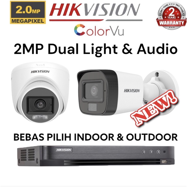 Promo paket camera cctv 2 kamera hikvision 2mp dual light colorvu + audio 4 channel ch malam tetap berwarna colour 4ch