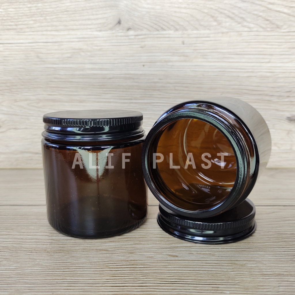 JAR GLASS AMBER 100 ML CANDLE TUTUP PLASTIK HITAM / WADAH WAXING KACA
