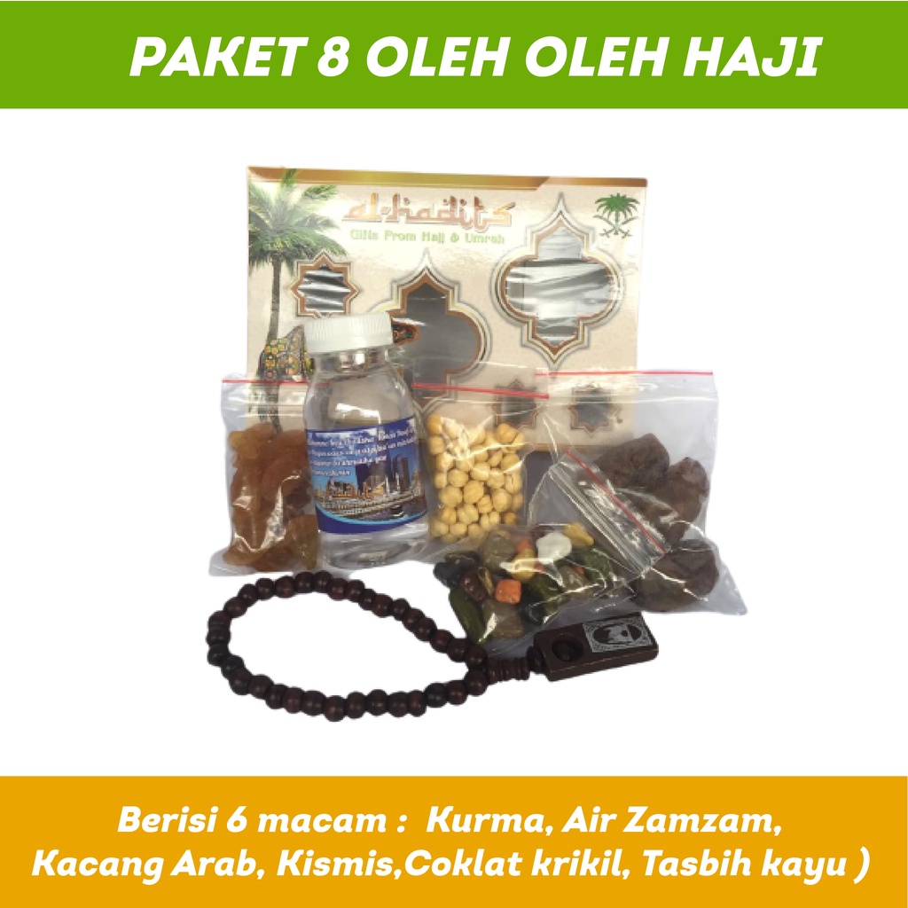 Paket 8 oleh oleh haji dan umroh air zamzam ori + Coklat krikil + Tasbih kayu