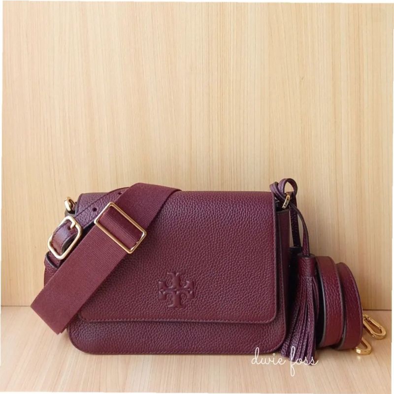 Tas T0ry Burch Thea Web Flap Crossbody Claret Original | Tas TB Wanita Original | Tas Selempang Wani