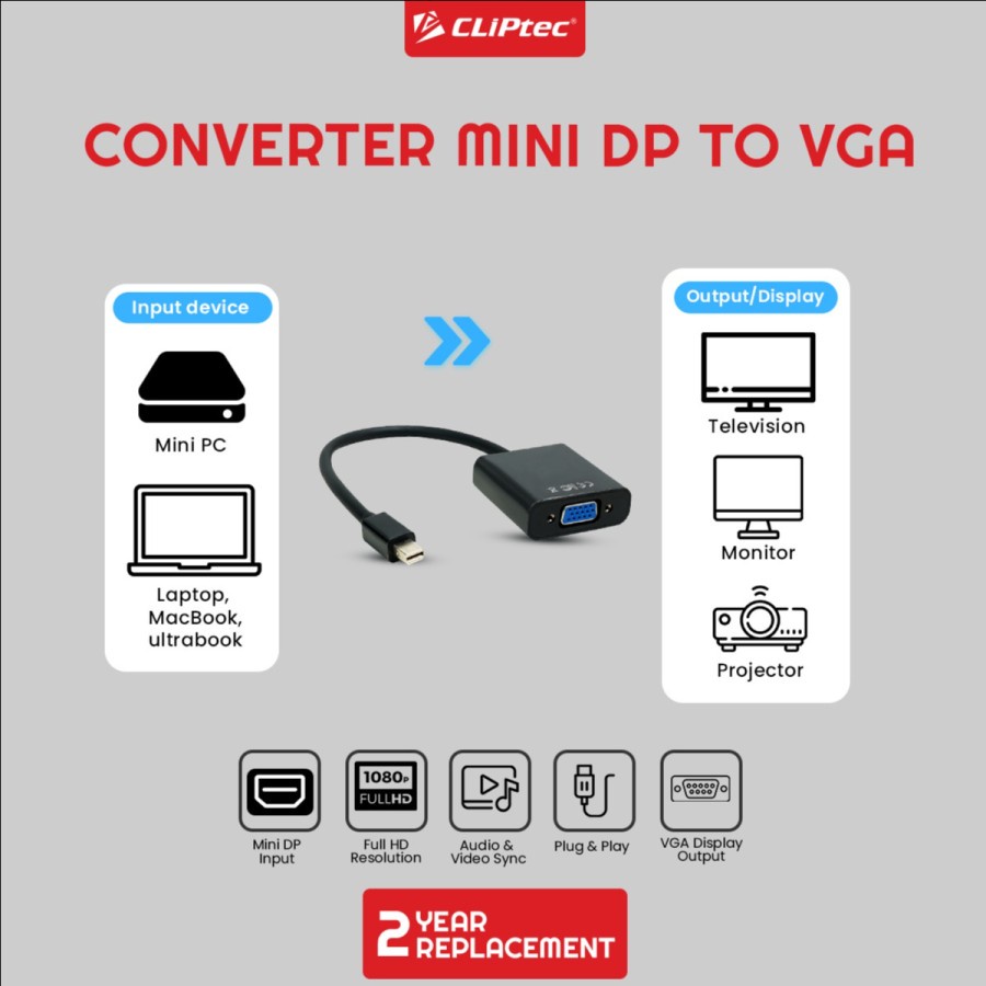 Mini Displayport to vga converter cable cliptec 1080p FHD for macbook pc cpu imac - Konverter mini dp display port to d-sub 15 pin full hd