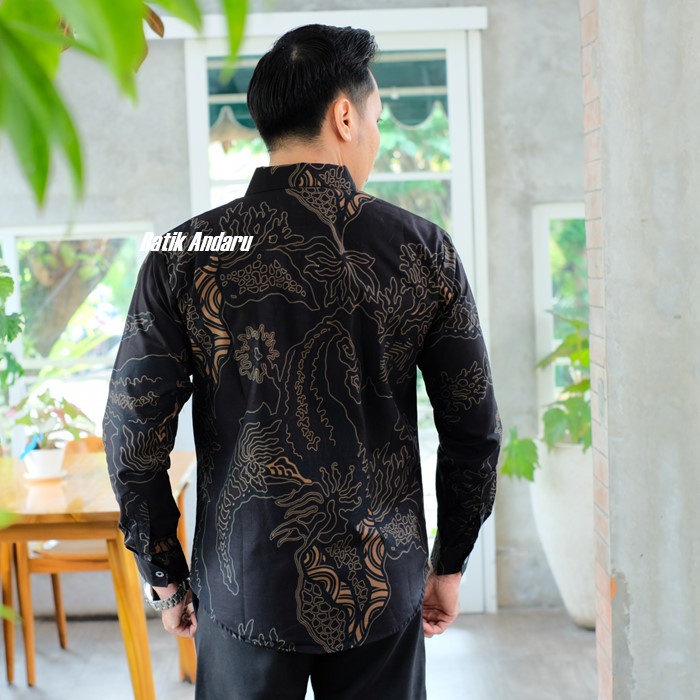 Baju Batik Pria Slim Fit Lengan Panjang Modern Heem Premium Warna Hitam Motif Laskala