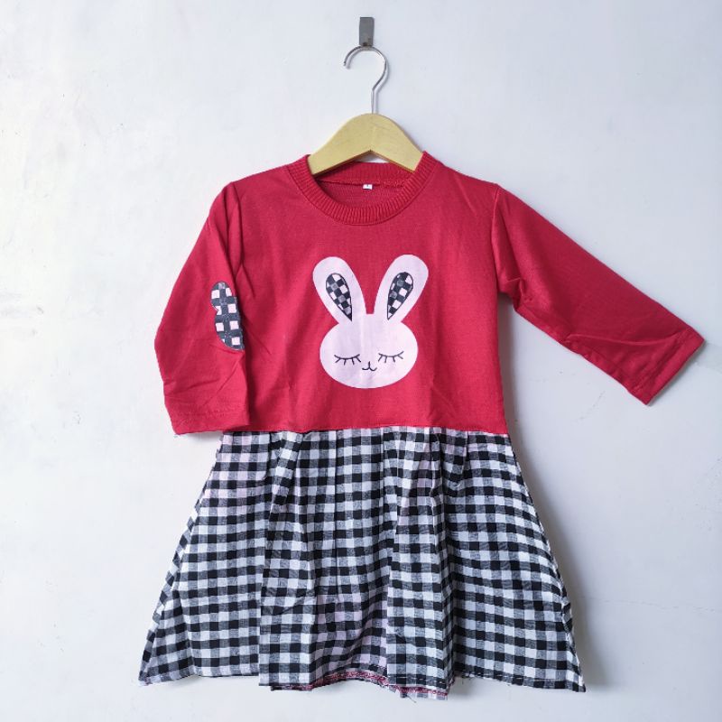 Dress anak 2 3 4 5 Tahun cewek perempuan Dress motif kotak Rabbit Viral kelinci playboy