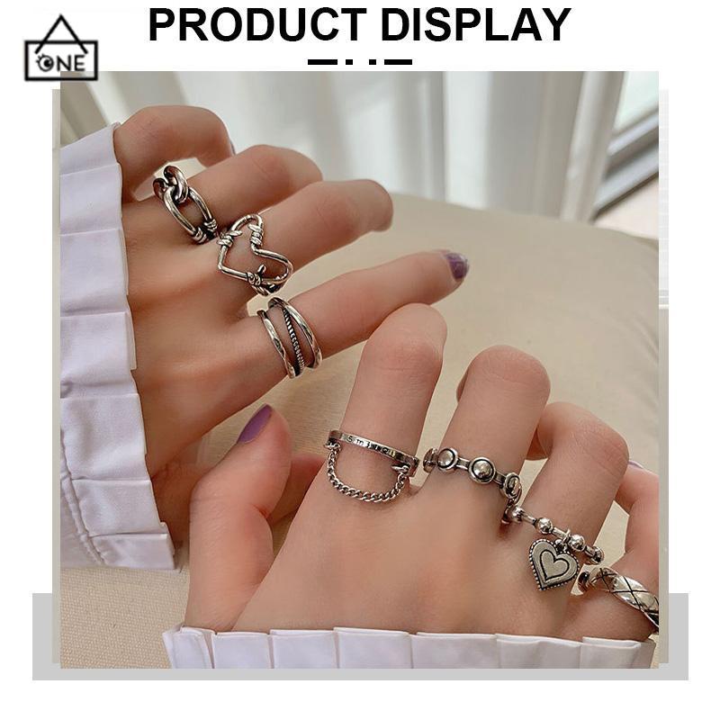 COD❤️7Pcs/Set Perhiasan Cincin Rantai Cinta Fashion Korea Vintage Adjustable Gaya Untuk Wanita-A.one