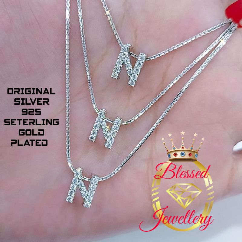 KALUNG PERAK ASLI 925 LAPIS EMAS MODEL ITALI SANTA & LIONTIN HURUF N