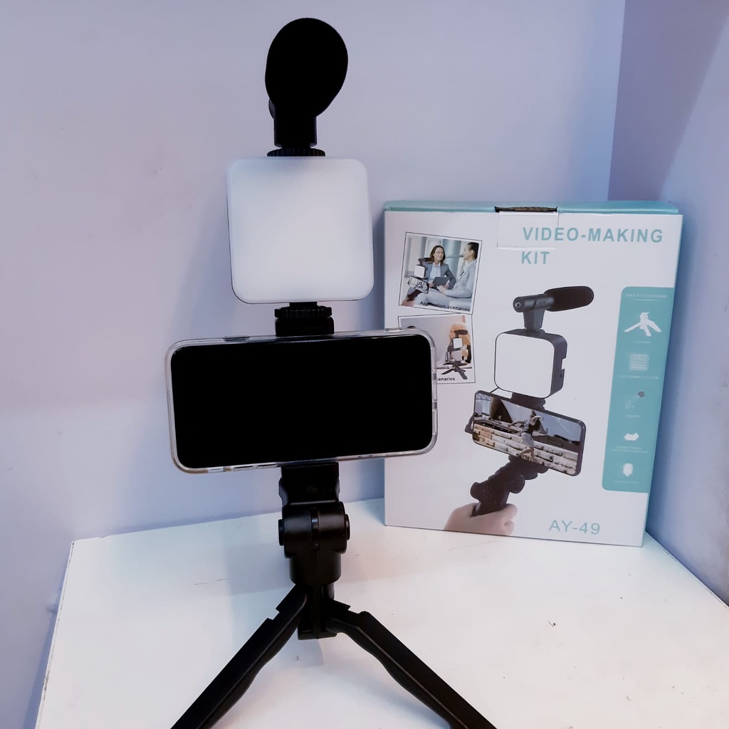 Tripod Vloger Video Making Kit Vlogging Set Video Livestream TRIPOD+MICROPHONE+LAMPU LED AY-49