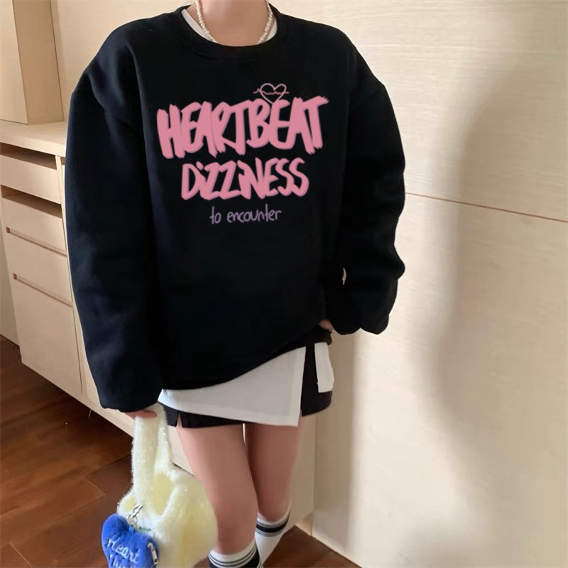 Kaos Stasan Wanita Oversize Couple Sweater American Vintage Pink Letter Cartoon Graphic Priting Top Kekinian Casual Sweater/atasan kaos wanita lengan panjang