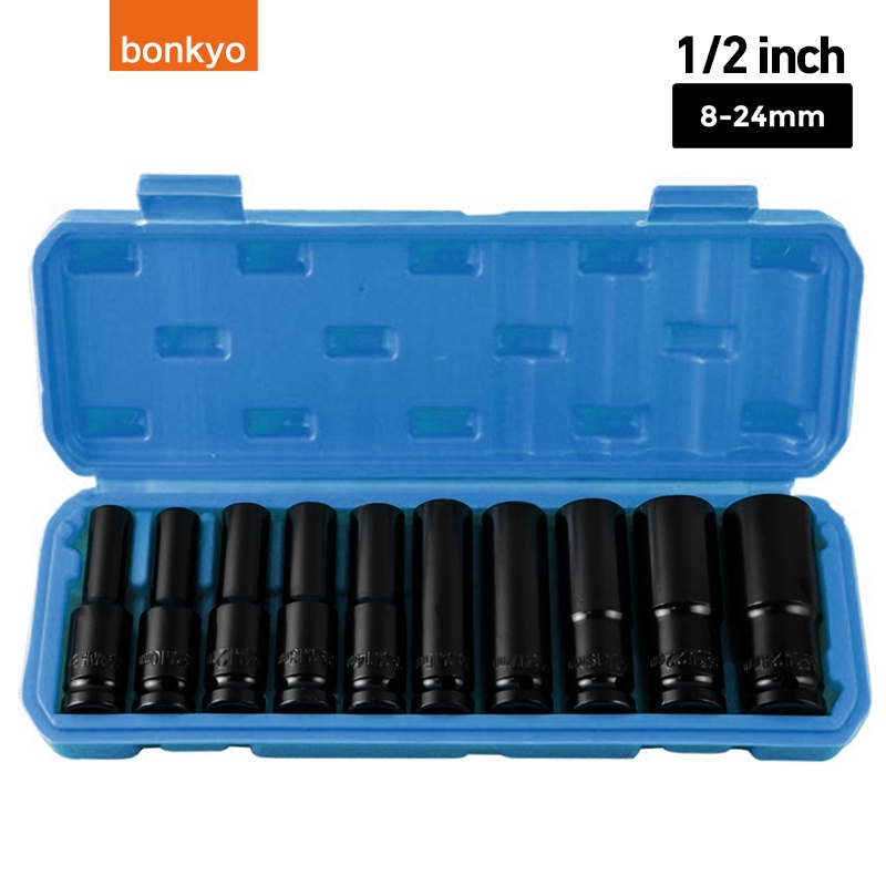 bonkyo Impact Socket Set 10Pcs 1/2 Inch 8-24MM Extension Impact Socket Panjang Mencapai Soket Nut Perbaikan AlaT