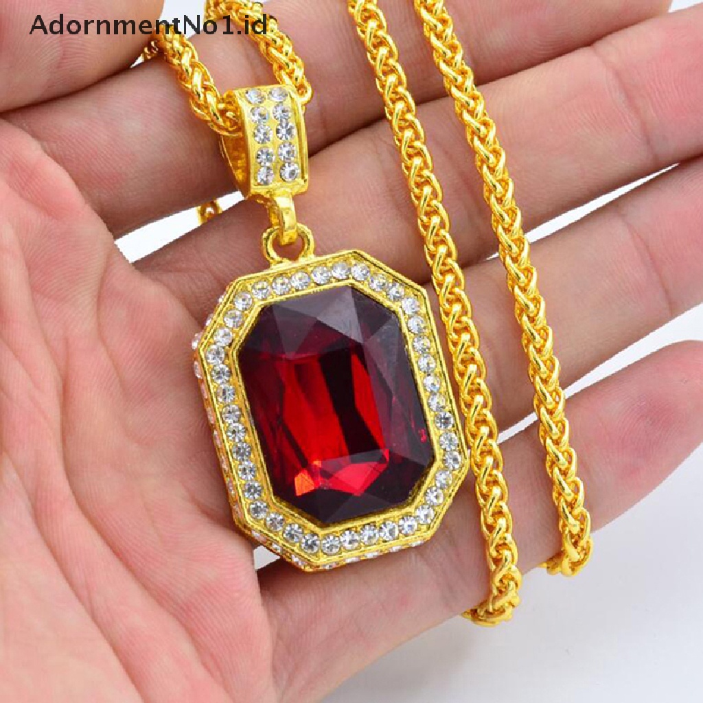 [AdornmentNo1] Bertatahkan Berlian Persegi Ruby Kalung Hip Hop Pria Liontin Batu Merah Liontin Vintage Perhiasan Kostum Aksesoris [ID]