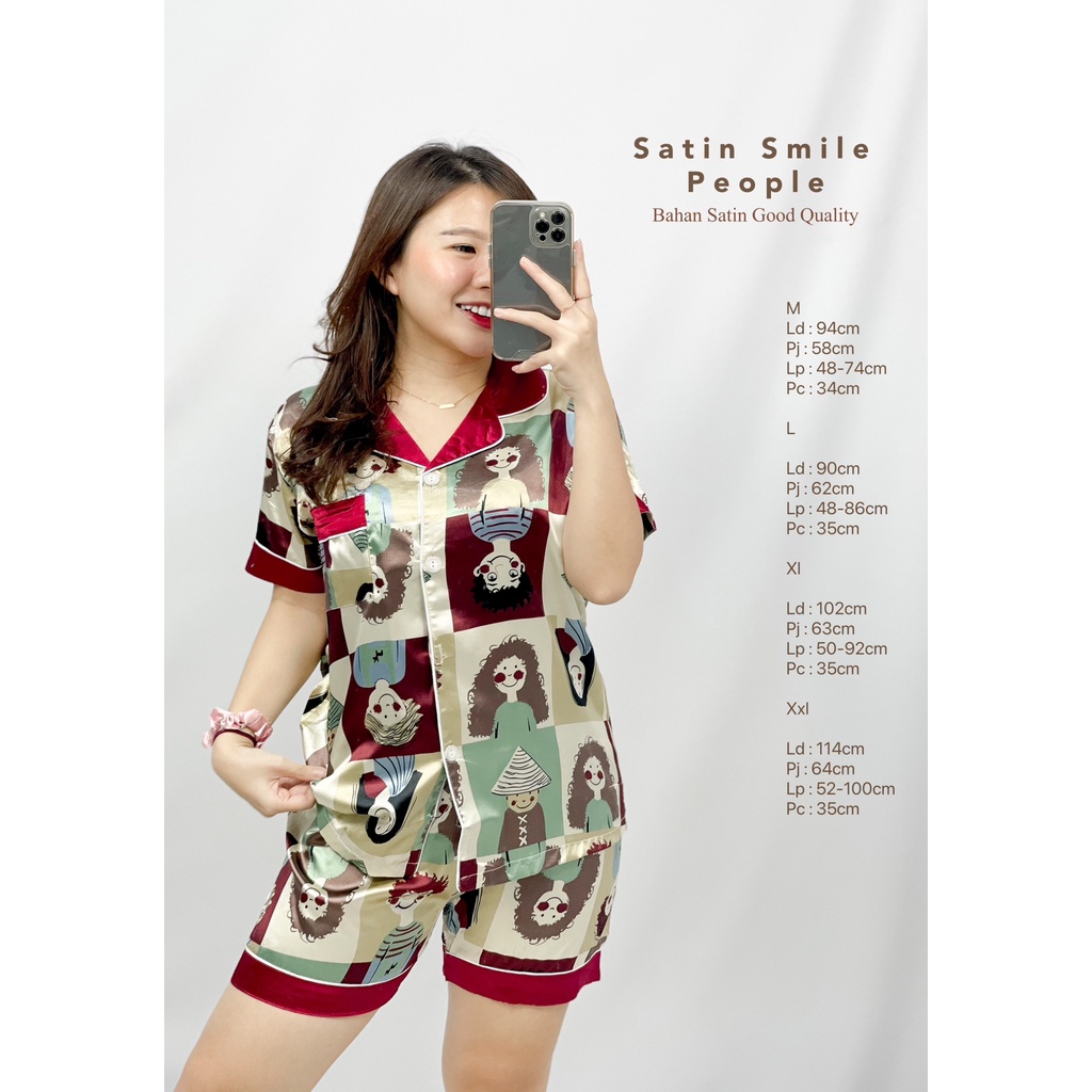 Baju Tidur Wanita Celana Pendek Set Piyama Bahan Satin Smile People HOPYLOVY