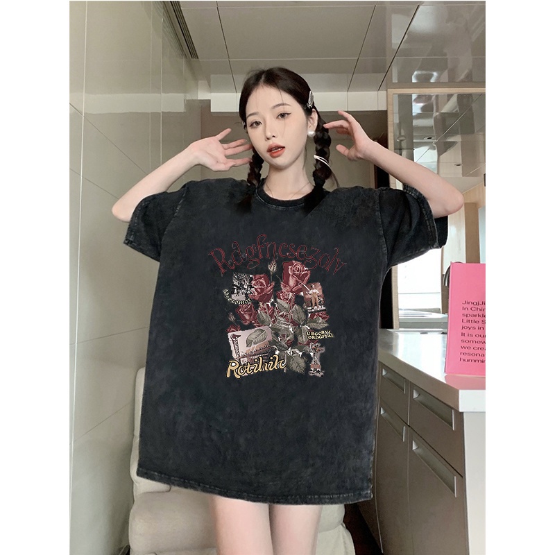 Kaos oversize hitam oversize lengan pendek letter washed baju wanita  graphic print T-shirt/oversize tshirt