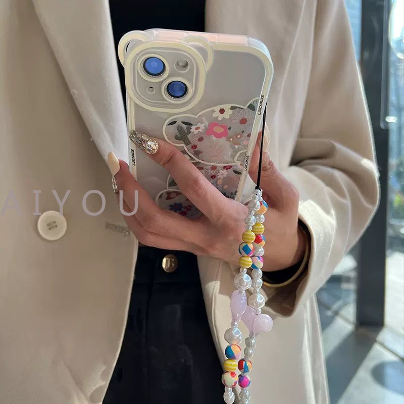 IPHONE Korea Lucu Bunga Beruang Hati Mutiara Gelang 3D Telinga Beruang Casing Ponsel Untuk Iphone14 13 12 11 Pro XS Max X XR Kawaii Shockproof Soft Cover