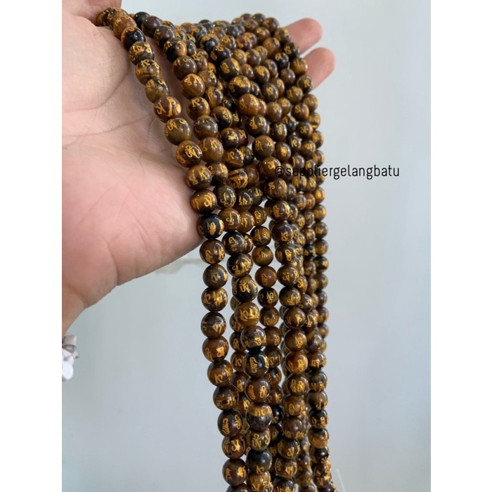 Batu Tibet TIGER EYE COKLAT 8mm Mantra Oak Guru om mani Padme Hum akik