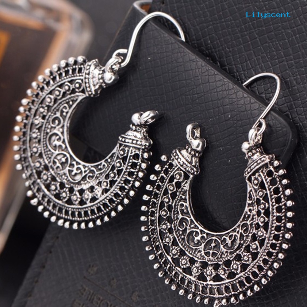 [LS] Retro Etnik Berongga Keluar Ukiran U Berbentuk Keranjang Wanita Kawat Hoop Drop Earrings