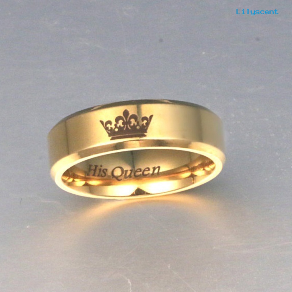 [LS] Cincin Pasangan His Queen Her King Crown Bahan Titanium Steel Huruf Ukiran Kekasih Cincin Perhiasan Untuk Tunangan