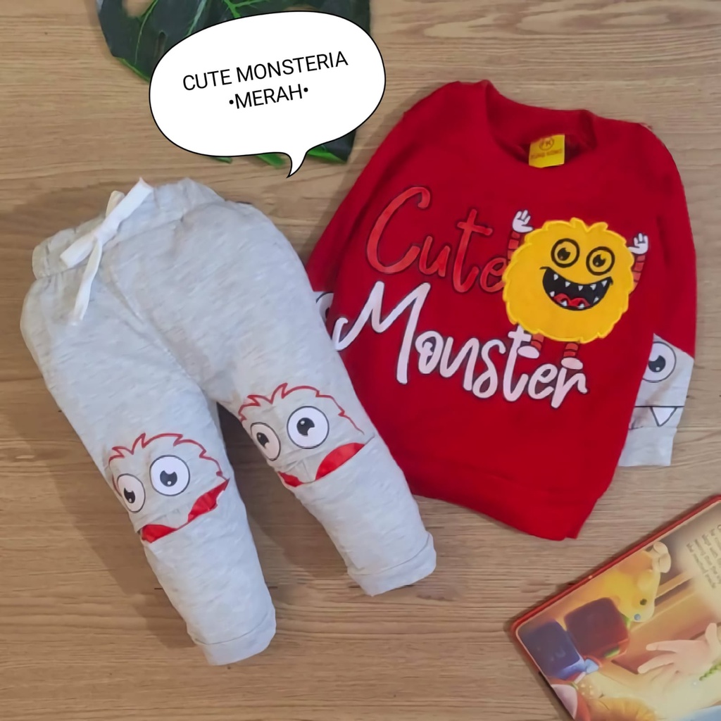 Setelan Baju Anak Bayi Laki-Laki Atasan Dan Celana Panjang Motif Cute Monsteria Estimasi Usia 6 Bulan-4 Tahun