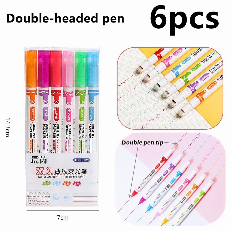 3/6/8pcs Double-head Highlighter Kurva Pena Garis Putus-putus Garis Besar Pena Penanda Seni Kelopak Lucu Menggambar Alat Tulis