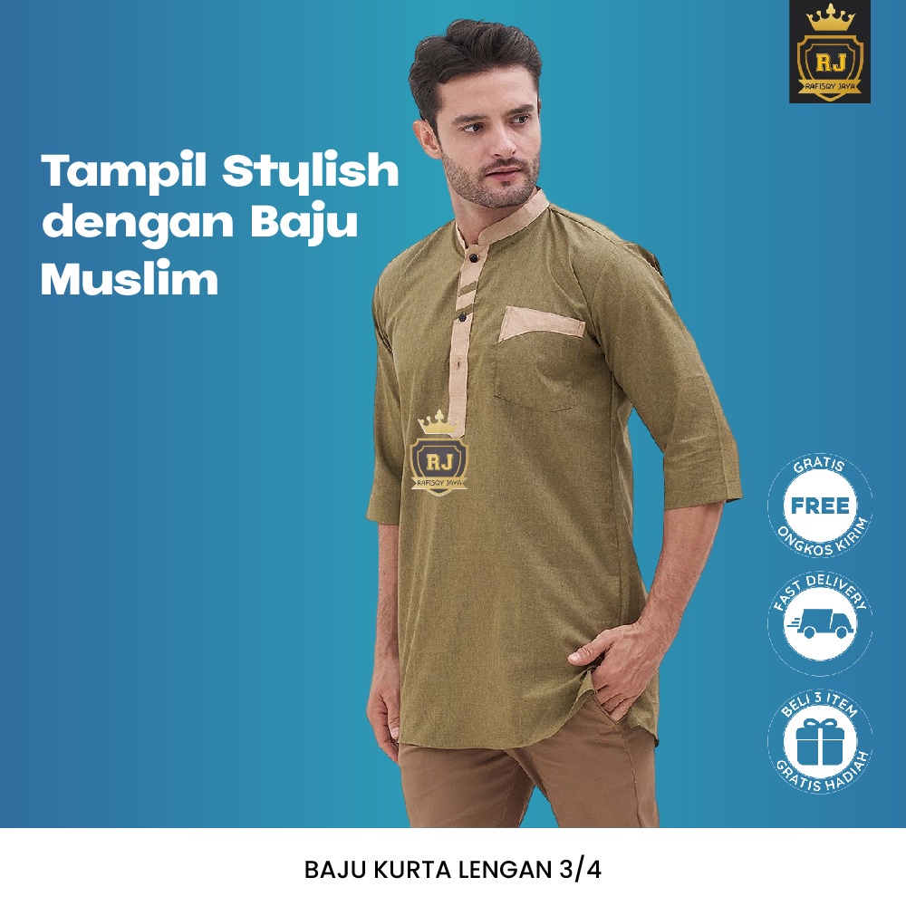 Baju Kurta Pria Lathif Rafisqy Jaya - Kemeja Koko Muslimin Lengan 3/4 Semi Panjang Katun Adem - Atas