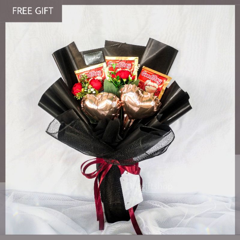 

Buket Kopi Good Day Mix Bunga dan balon foil Murah Kado Ulang Tahun dan Wisuda