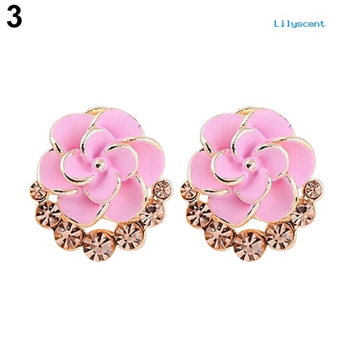 [LS] Wanita Peony Camellia Bunga Berlian Imitasi Alloy Ear Stud Earrings Perhiasan Pesta