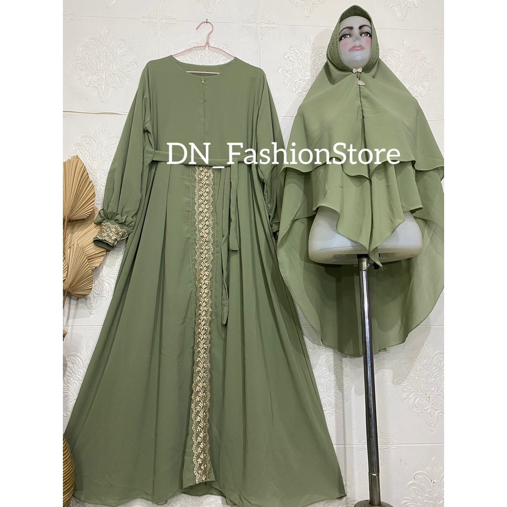 Gamis Syari Ceruty Babydoll Variasi Renda Tengah dan Tangan / Resleting Depan Tangan Kancing mix Rempel