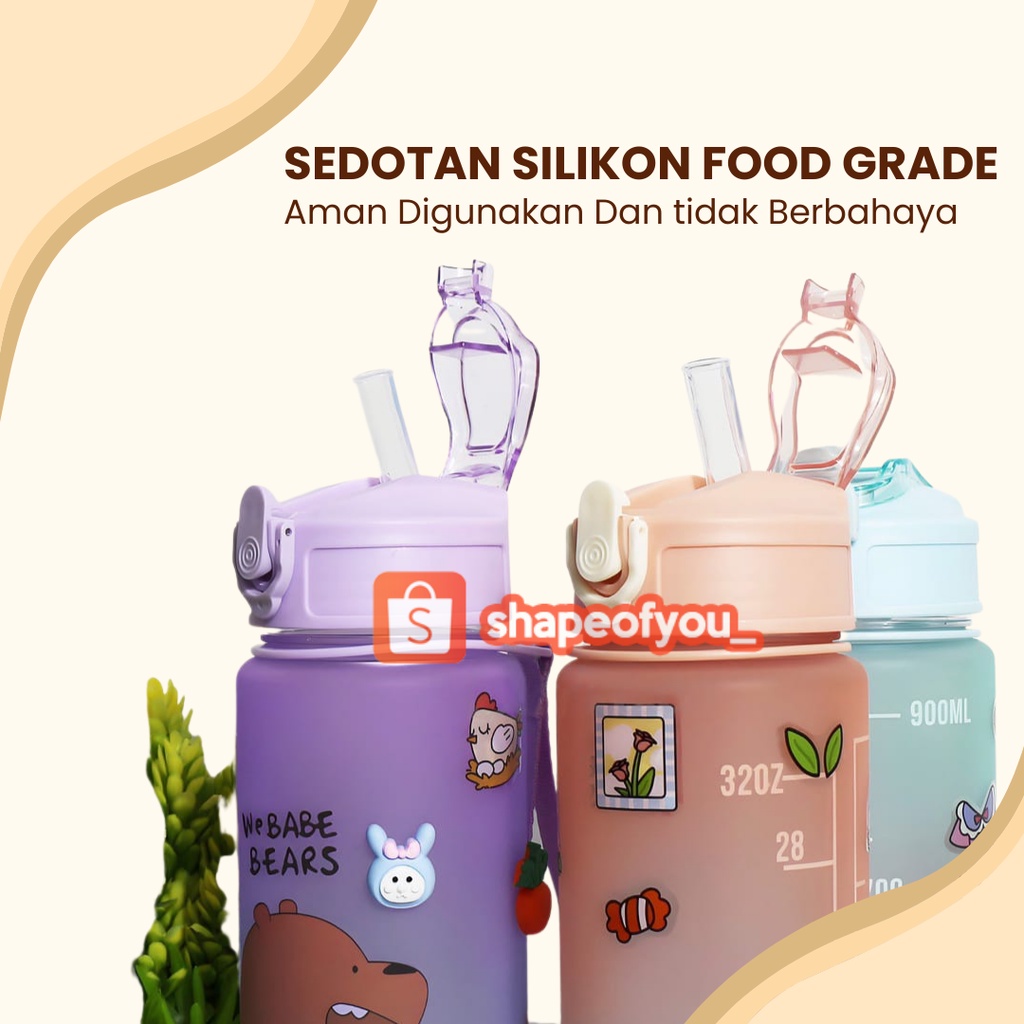 Botol Minum Rainbow Karakter We Babe Bears 850ml Sedotan Tali Strap Freee Sticker