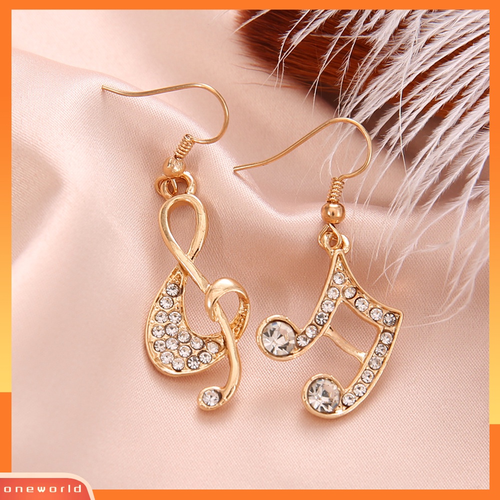 {oneworld} Fashion Wanita Musik Note Treble Clef Berlian Imitasi Menjuntai Kait Anting Perhiasan