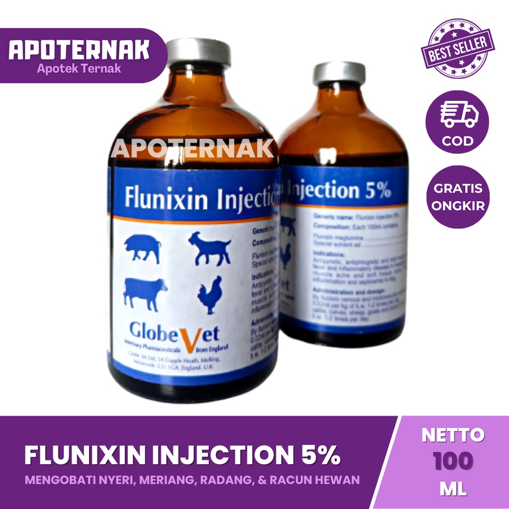 FLUNIXIN Injeksi 5% 100ml | obat hewan bengkak pincang obat Analgesik obat Anti Nyeri Anti Piretik obat anti meriang Anti Inflamasi anti Radang, Anti Racun | GLOBE VET