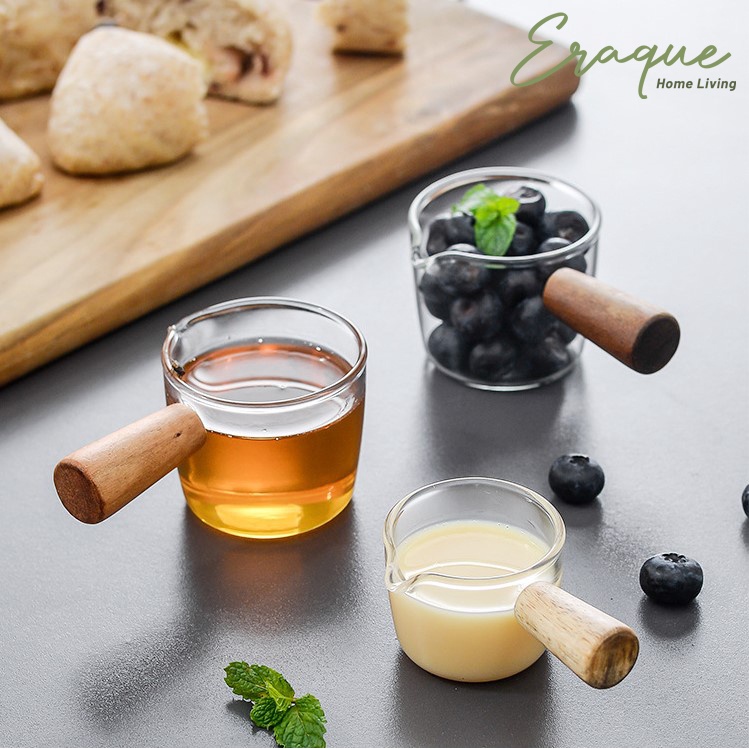 Gelas Takar Kaca Mini / Gelas Ukur Sloki Minyak Susu Kopi Latte Espresso Gagang Kayu Aesthetic