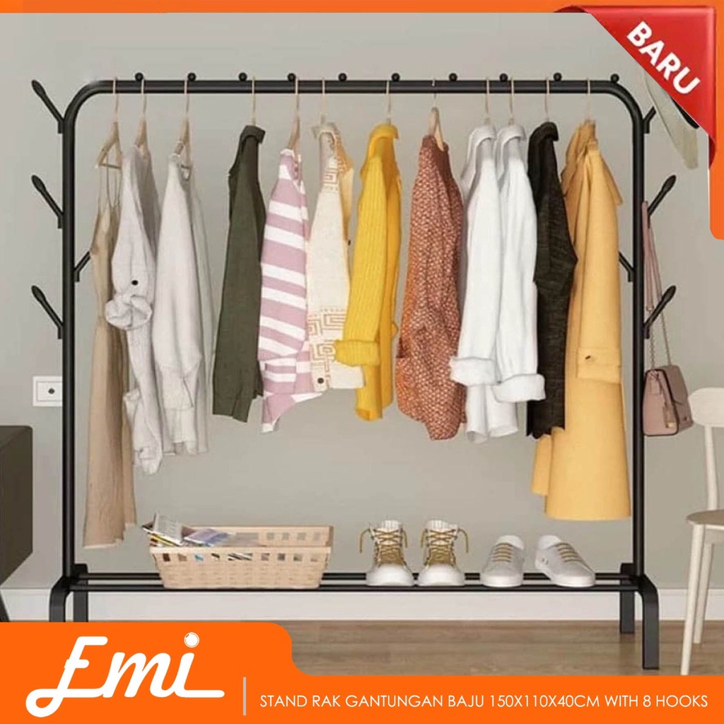 Stand Rak Gantungan Baju + Hanger &amp; Anti Slip 150x110x40cm - HKG10