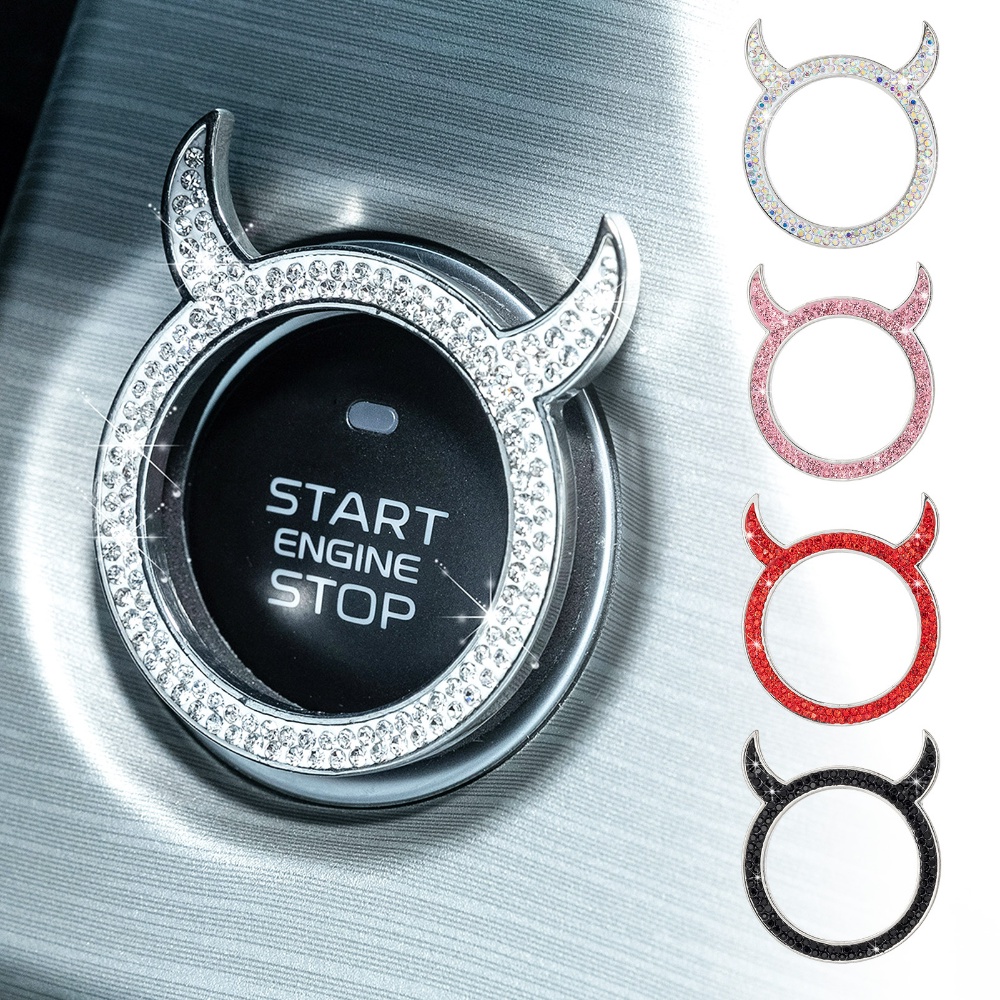 Little Devil Bling Cincin Hias Auto Start Tombol Mobil Berlian Imitasi Ring Emblem Stiker Satu Tombol Start Button Cover Sticky Steering Wheel Trim Lingkaran Stiker Interior Mobil