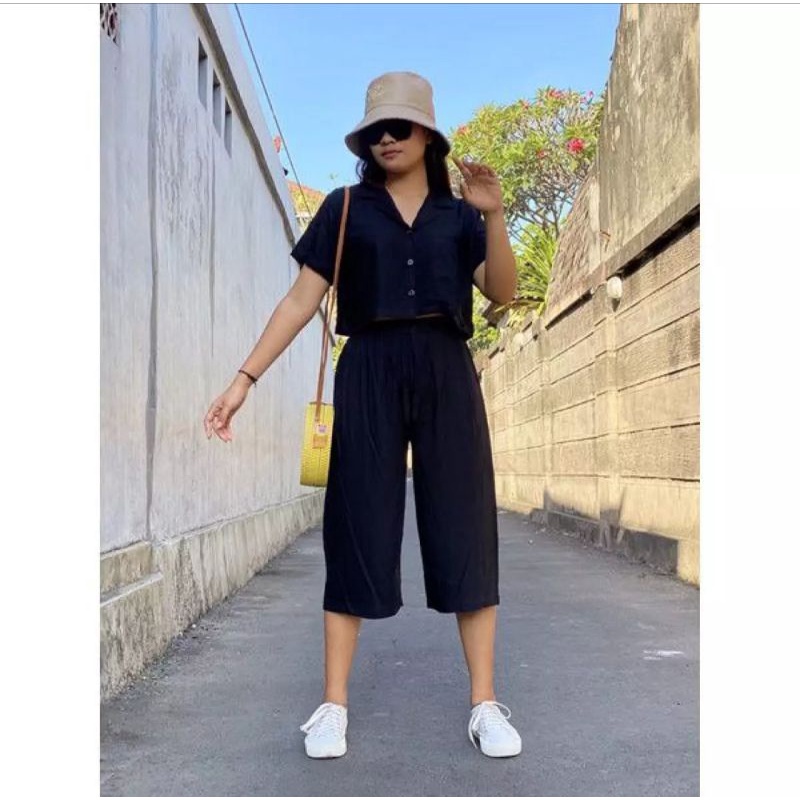 Setelan Kemeja Crop Wanita Baju Setelan Remaja Cewek Kekinian Kemeja Wanita Crop Polos